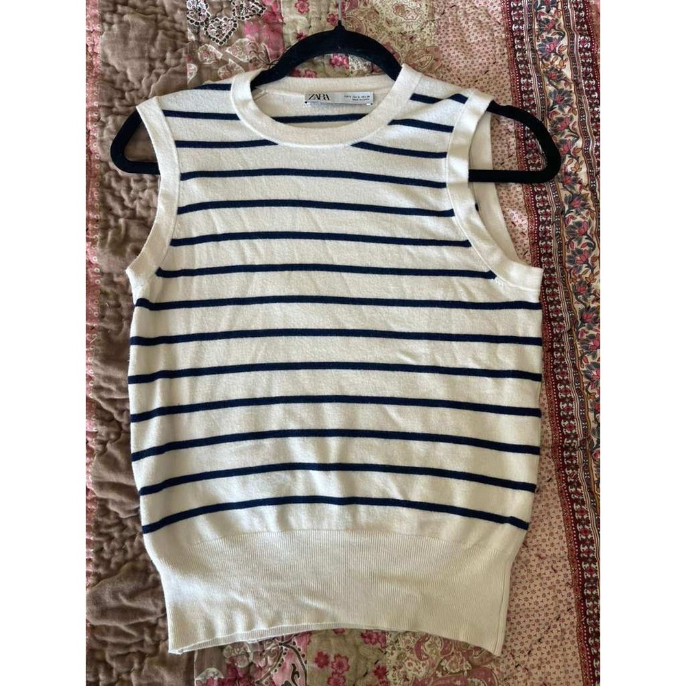 Zara Womens Small Striped Knit Sweater Vest Cream Navy Blue Sleeveless Crew Neck